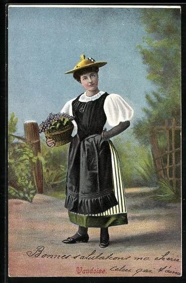 Cartoline postali: Vaudoise, Trachtenmädchen mit Blumenkor – Usato da Berlin venduto da bartko-reher
