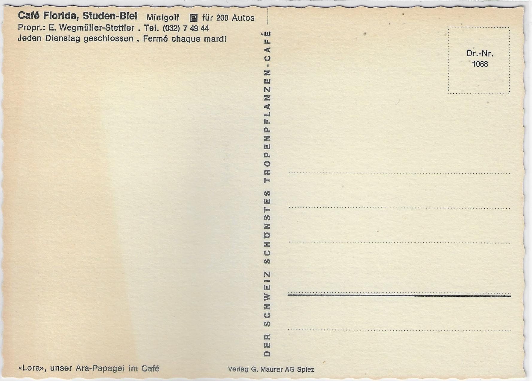 Cartoline postali: Cafe Florida - Studen-Biel - Ara-Papagei – Usato da Ettingen venduto da Kartenplanet 1