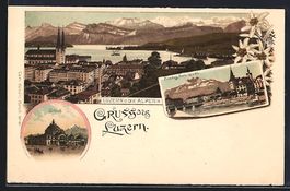 Litho Luzern, Bahnhof, Pilatus vom Quai 