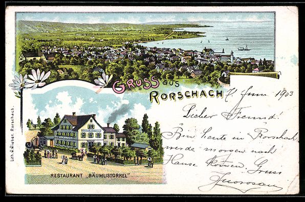 Cartoline postali: Litho Rorschach, Restaurant Bäumlistork – Usato da Berlin venduto da bartko-reher