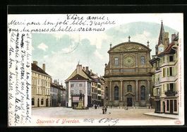 AK Yverdon, Denkmal und Kirche, 1902
