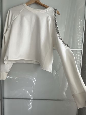 White Cut-Out Shoulder Embellished Sweater, Size Small