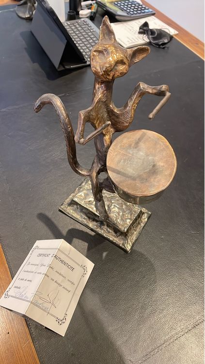 Sculpture Bronze Massif Chat Assis Signée Yves Lohé - Art Contemporain Français