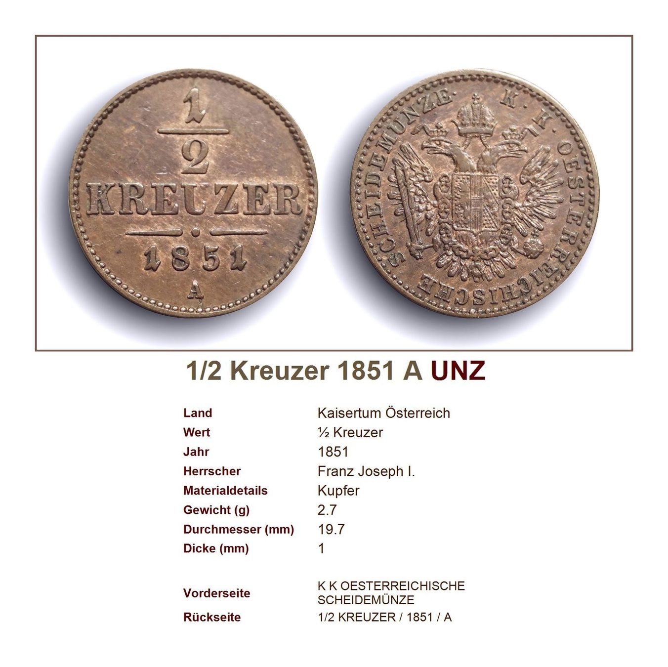 Alle Münzen: 1/2 Kreuzer 1851 UNZ – Neu (gemäss Beschreibung) aus Flamatt von samowarow