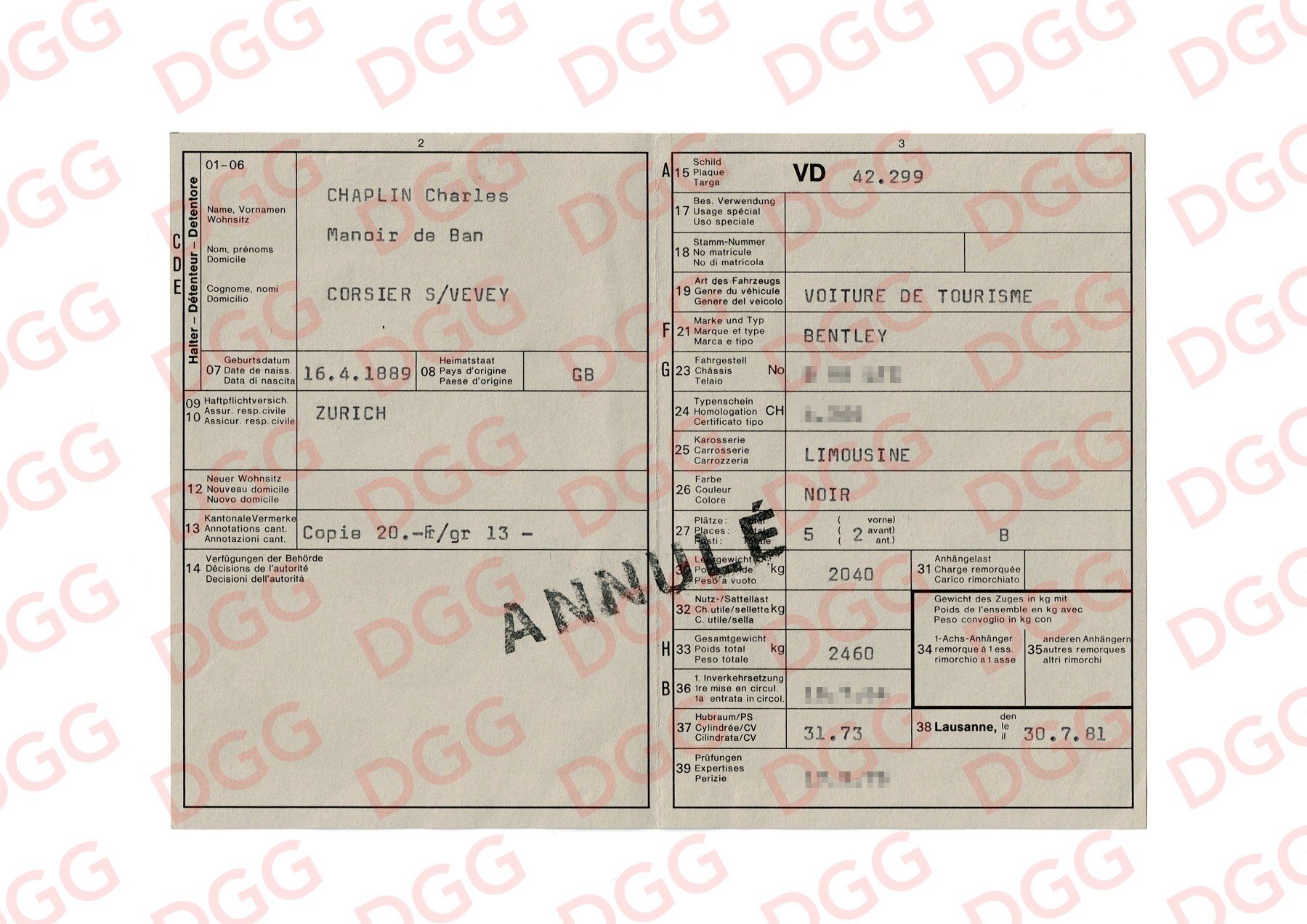 Dokumente: Permis de circulation de Charlie Chaplin VD 42299 Bentley – Gebraucht aus Bussigny von DGG.TO