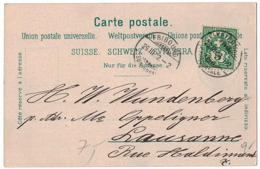 Cartoline postali: Fribourg, Pont Suspendu, circulée 1902 – Usato da Frauenfeld venduto da POML 1