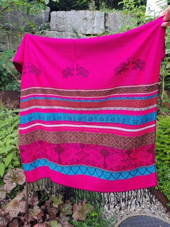 Cashmere-Schal, pink mit Ethno-Muster und Fransen
