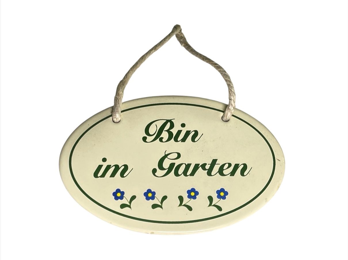 Insegne: Emaile Gartenschild "Bin im Garten" oval Creme mit Blumen – Usato da Luzern venduto da woti-shop 9