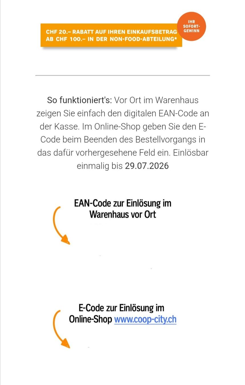 Gutscheine: Gutschein Coop City 20 CHF – Neu und originalverpackt aus Worb von jun_fj8w