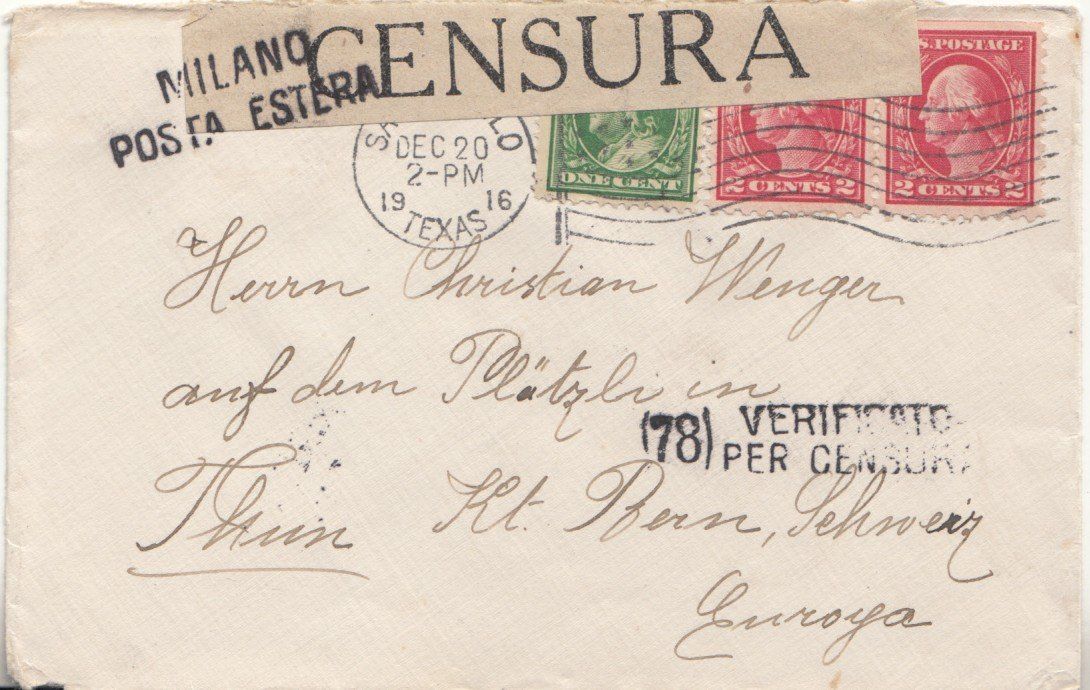 Alle Briefmarken: Zensurbrief Texas - Milano - Thun 1916 – Gebraucht aus Bürglen TG von StampGraf