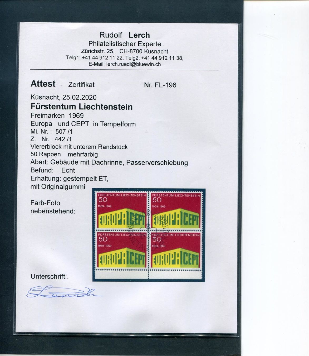 Tutti i francobolli: FL 1969 Nr. 442 V'block m. Passversch. O – Usato da Winterthur venduto da Kyoung 1