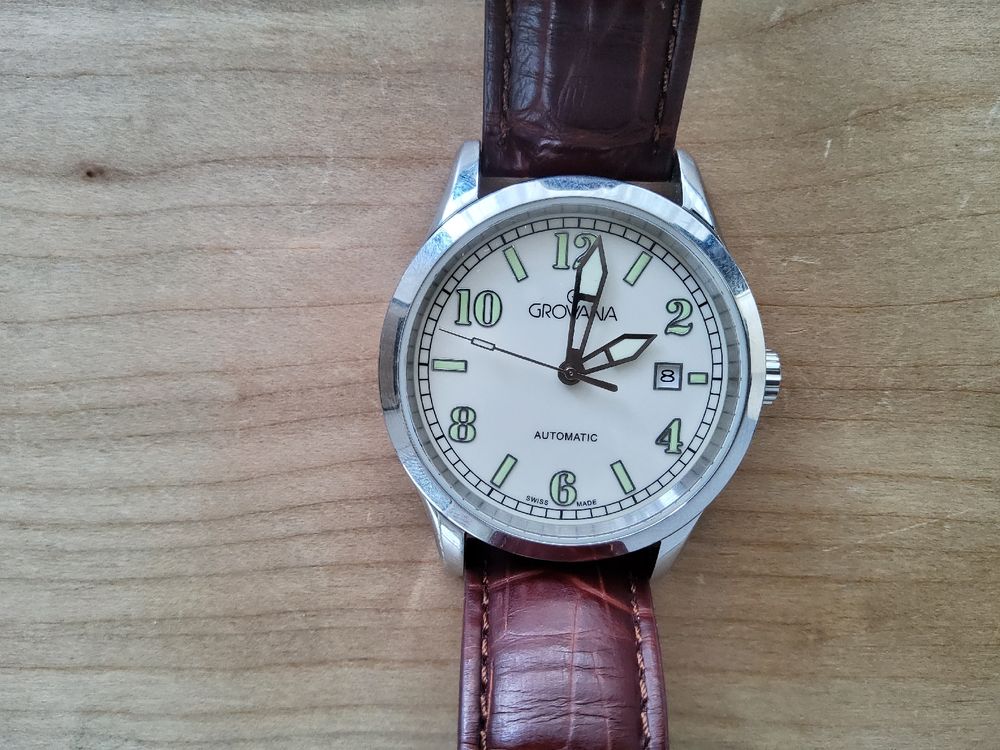 Montres: Grovana, weisses Zifferblatt, braunes Lederband, automatic – Neuf (Voir description) à Aarau par Aarauer65