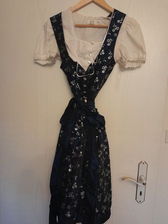 Dirndl Kleid dunkelblau und schwarz mit Blumenmuster silber
