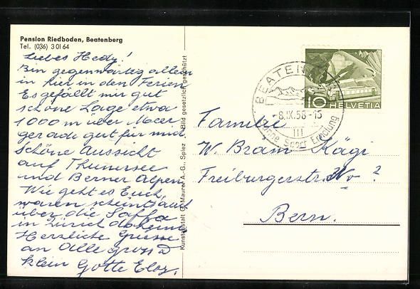 Cartoline postali: AK Beatenberg, Pension Riedboden, 1958 – Usato da Berlin venduto da bartko-reher 1