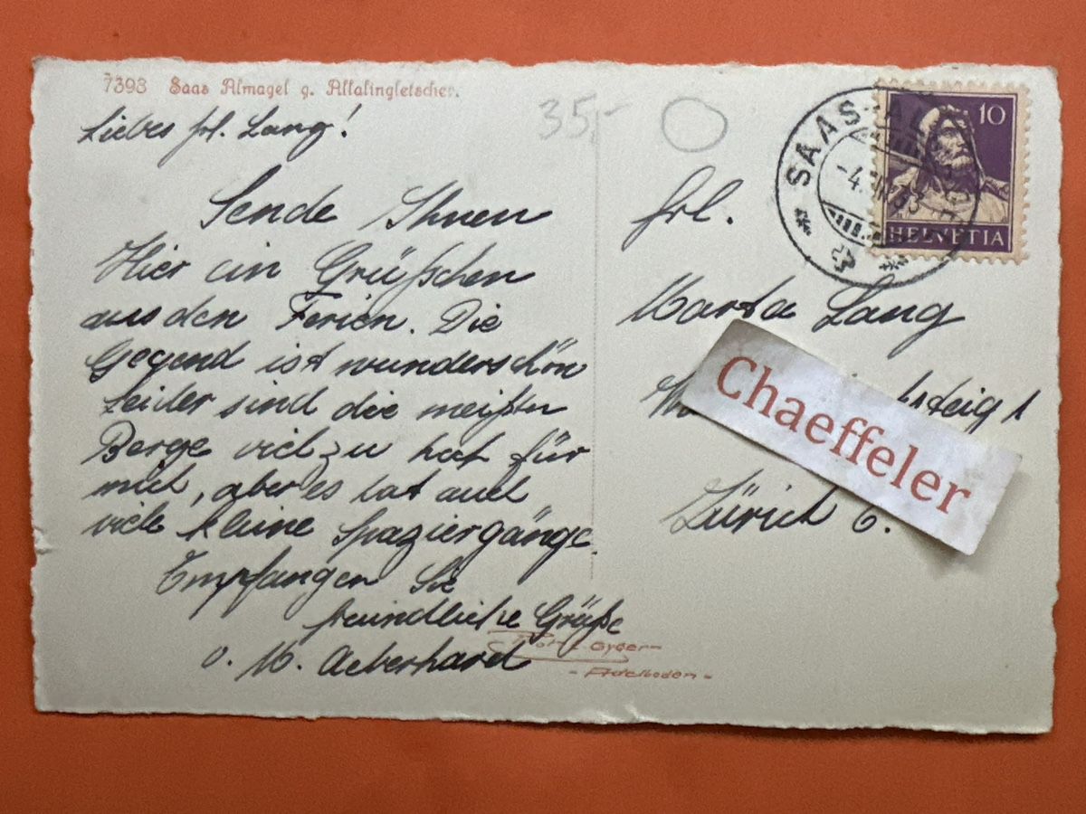 Cartoline postali: 1933 Saas Almagel g. Allalingletscher – Usato da Zürich venduto da Chaeffeler 1
