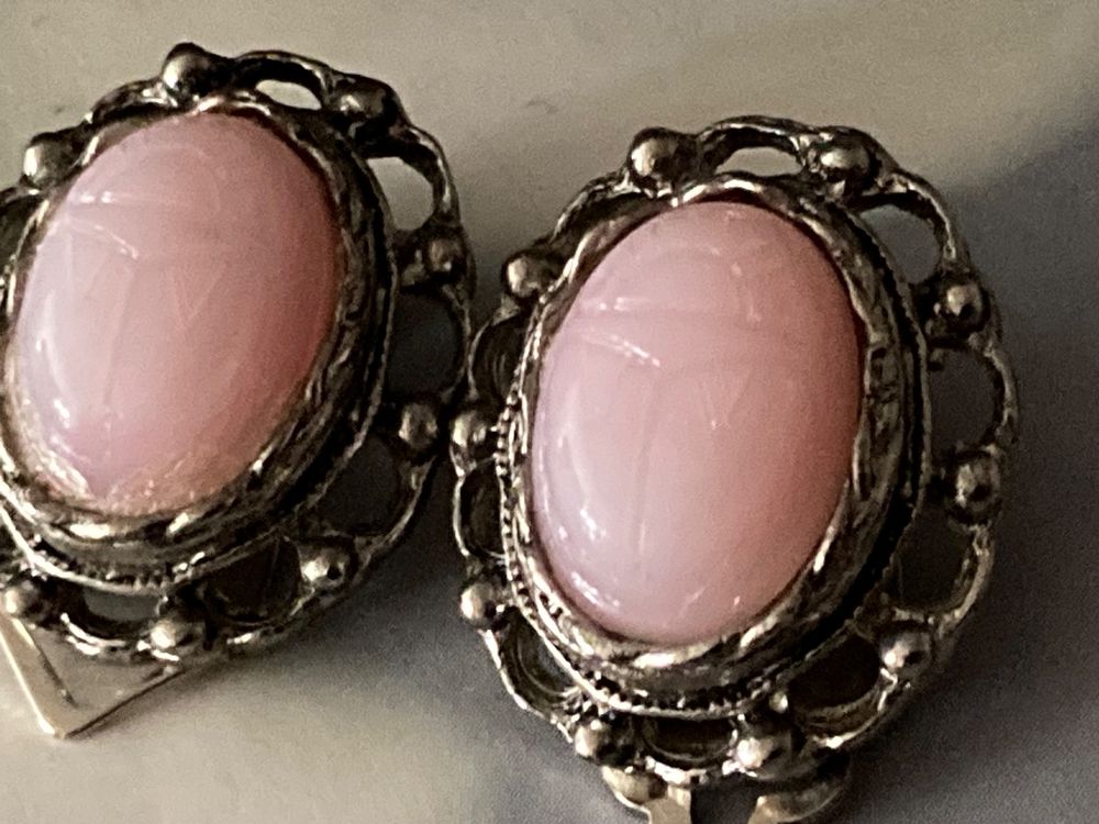 Boucles D'oreille Fantaisie Vintage - Pierres Blanches Et Roses - Occasion
