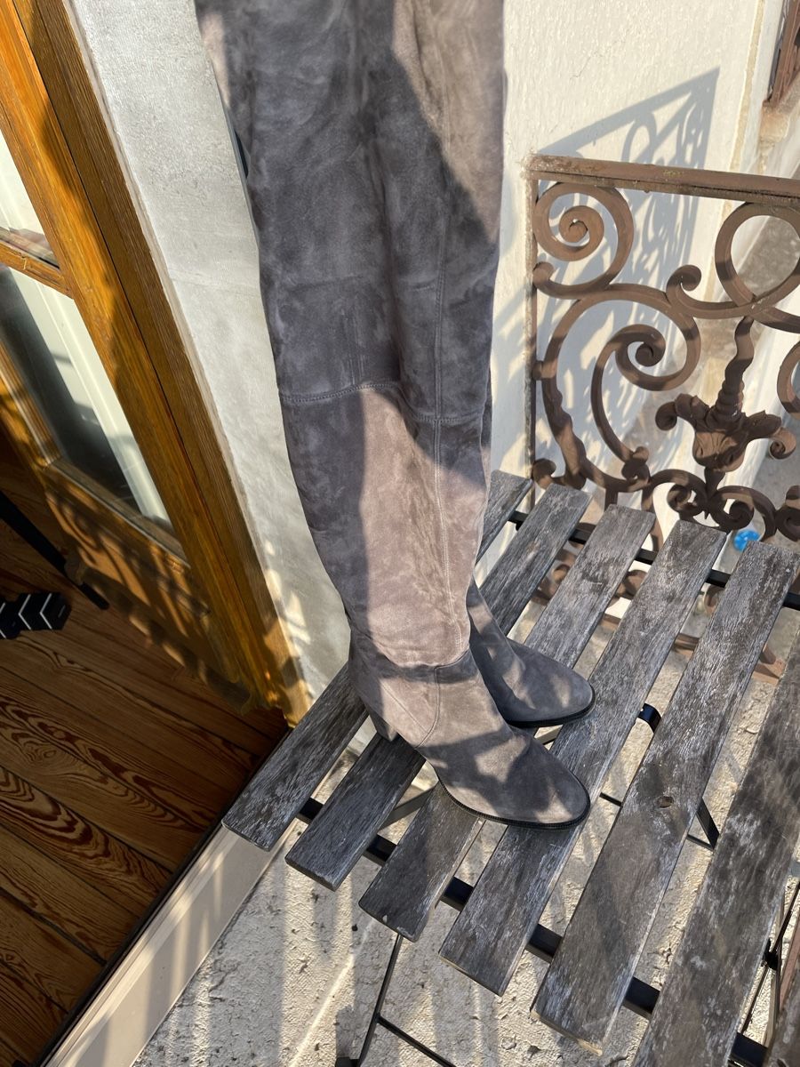 Scarpe da donna: Grey suede overknee block heel boots, size 37, chic look. – Nuovo (secondo la descrizione) da Zürich venduto da que_5ntr 1