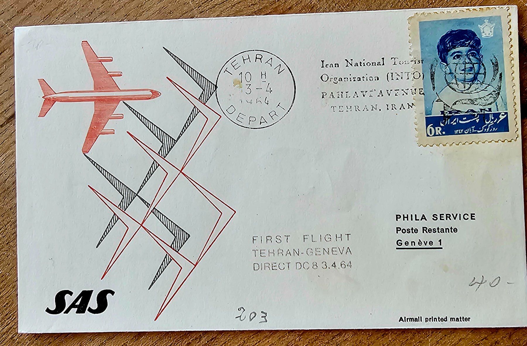 Tutti i francobolli: IRAN - First flight SAS TEHRAN , GENEVE 1964 – Usato da Les Valettes venduto da Nuba1