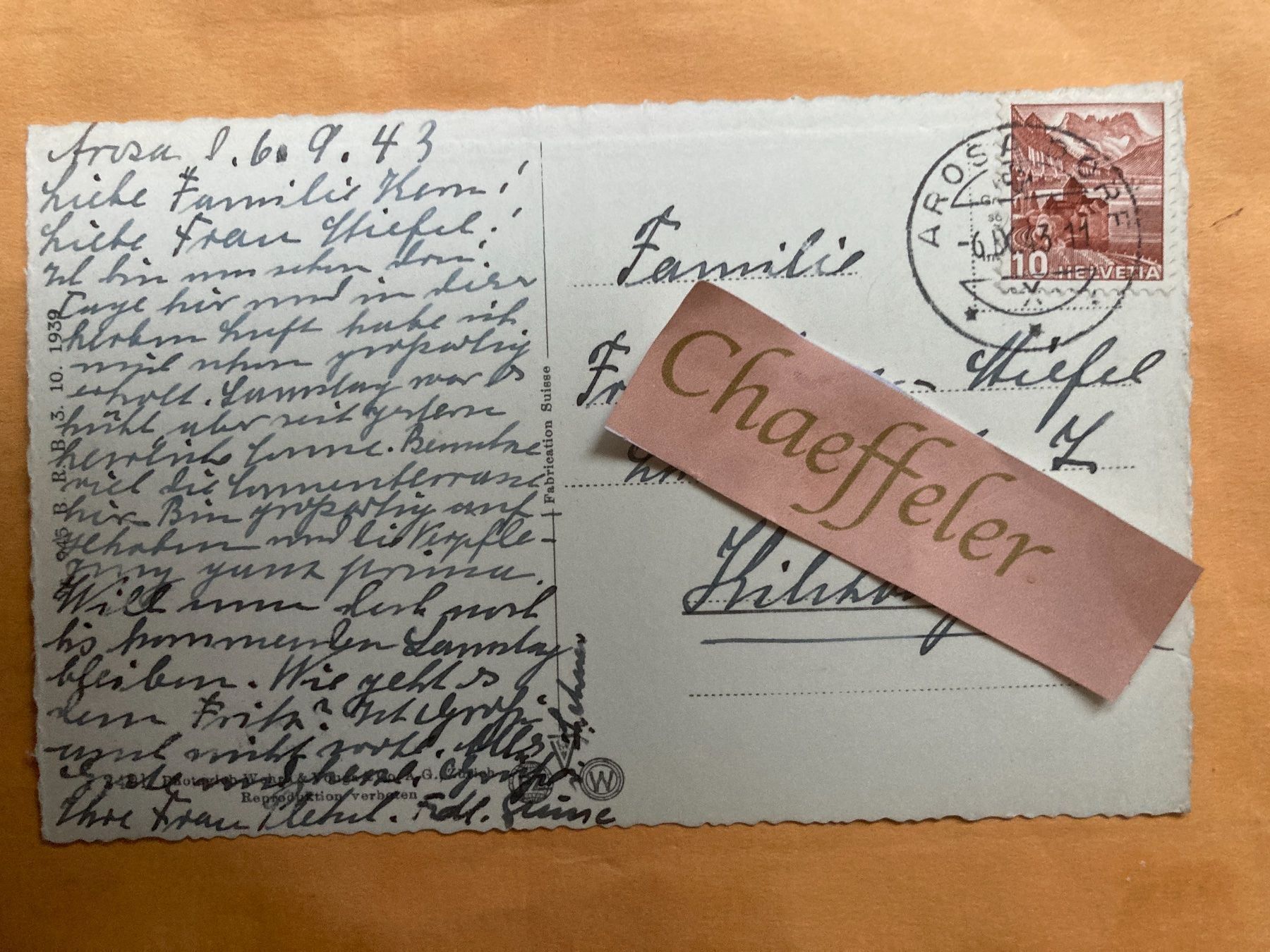 Cartoline postali: 1943 Arosa. Obersee – Usato da Zürich venduto da Chaeffeler 1