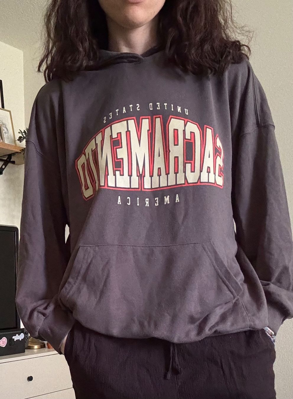 Shein Maglioni & Felpe: Grauer Shein Kapuzenpullover mit Aufdruck – Usato da Bülach venduto da reaos