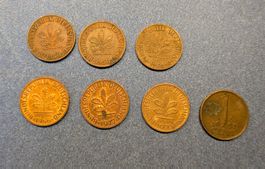 1 Pfennig (3x1950, 1966, 1977, 1979) + 1 Cent NL 1951