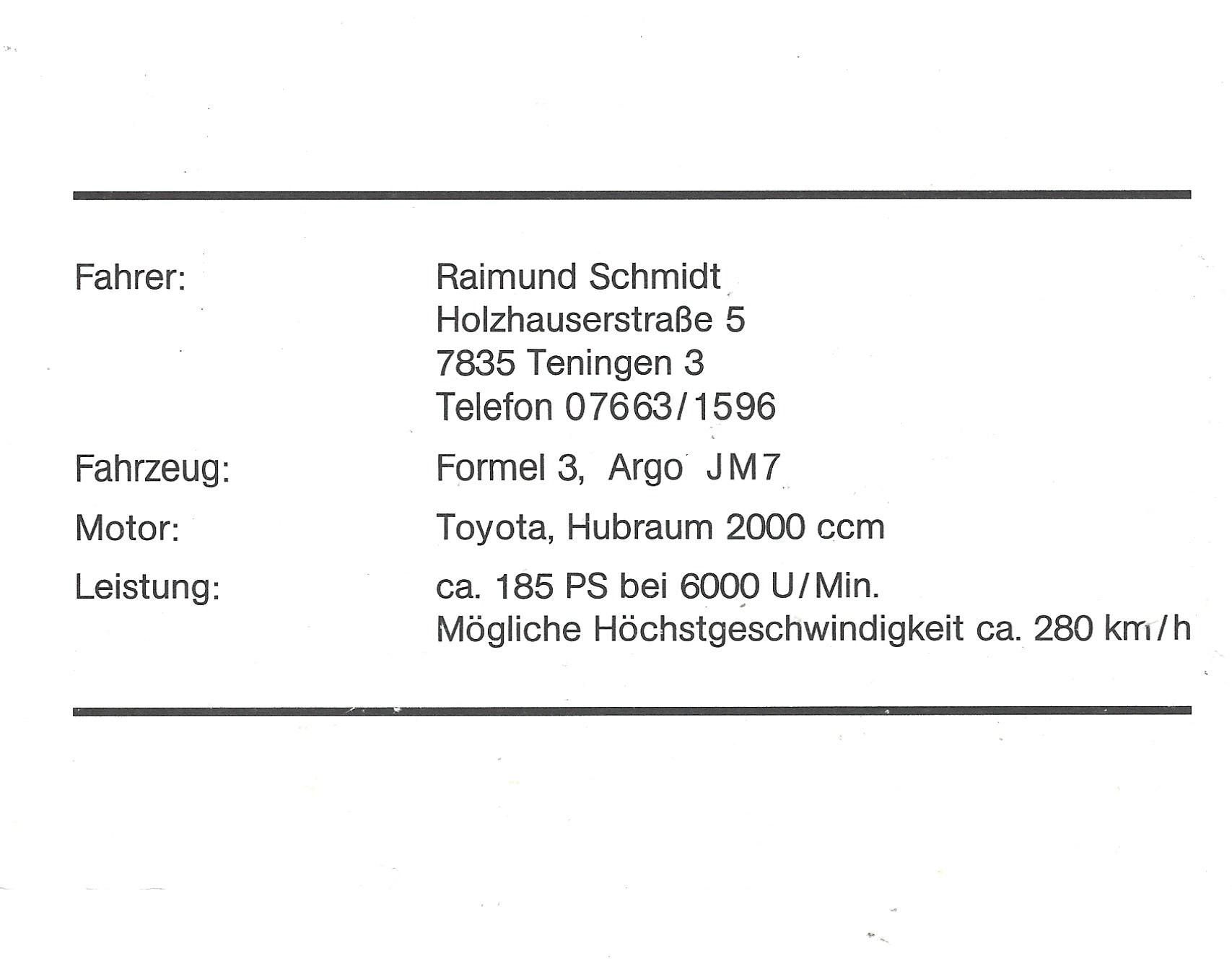 Autografi: Autogrammkarte; Raimund Schmidt, Formel 3 – Usato da Aarburg venduto da Hktm 1