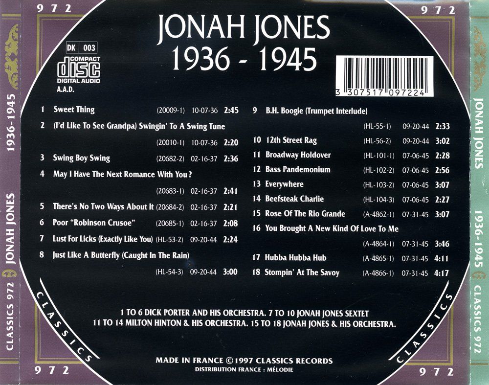 CD: Jazz-CD:  Jonah Jones 1936 - 1945  (Classics) – Usato da Hochfelden venduto da mue_lhm9 1