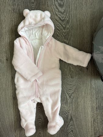 Pink Plush Baby Snowsuit with Hood, Size 3-6 Months