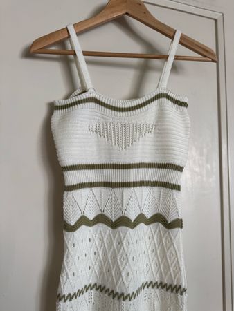 White Knit Summer Dress with Olive Details, Size S