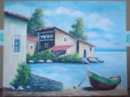 Ölgemälde Landschaft mit Boot von Hand gezeichnet 35x27cm