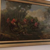 Grand tableau ancien XIXe, huile sur toile, chasse à courre