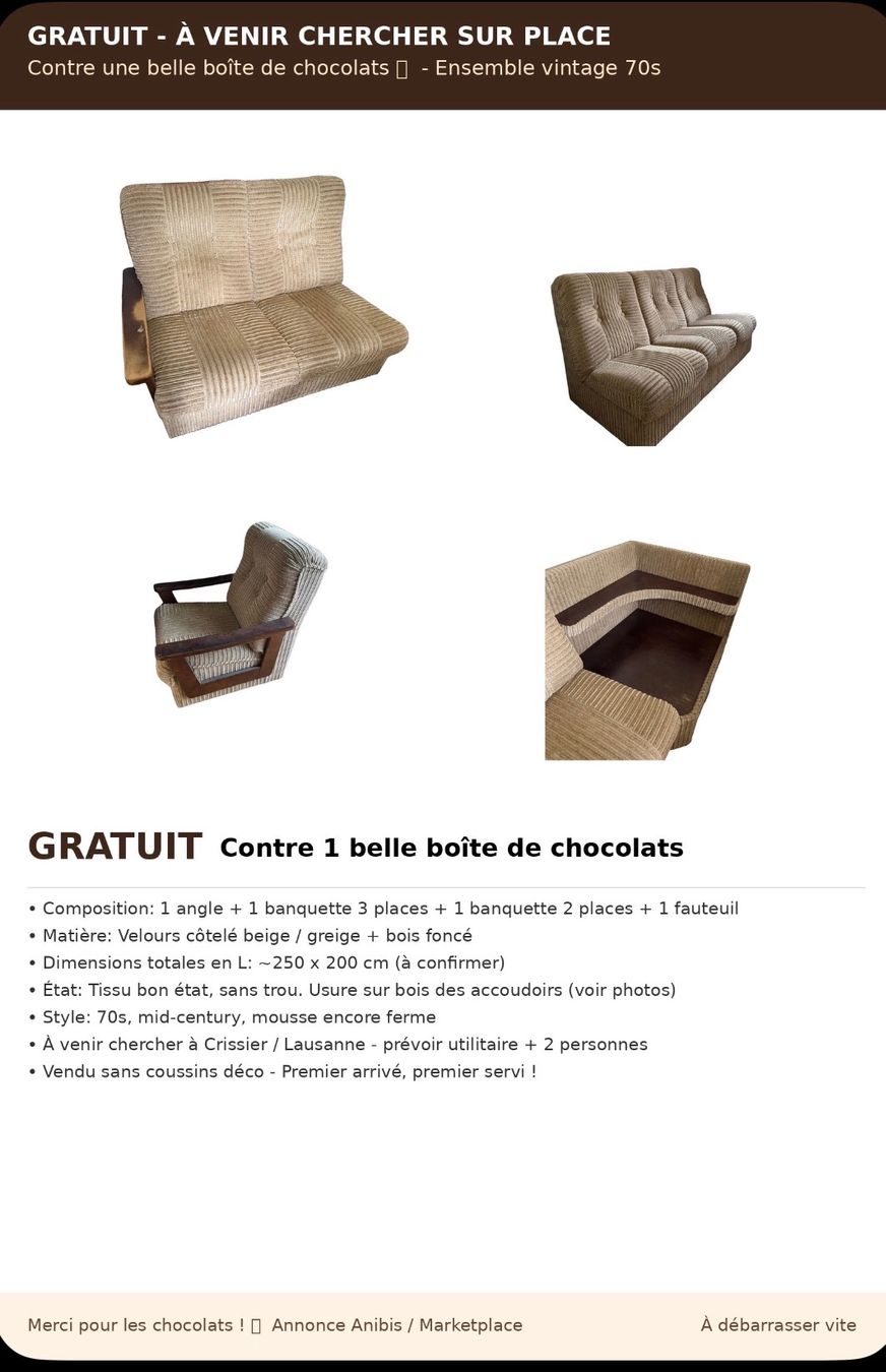 Divani: Ensemble canapé d'angle vintage 1970 4 éléments beige – Usato da Lausanne venduto da dysneylie 1