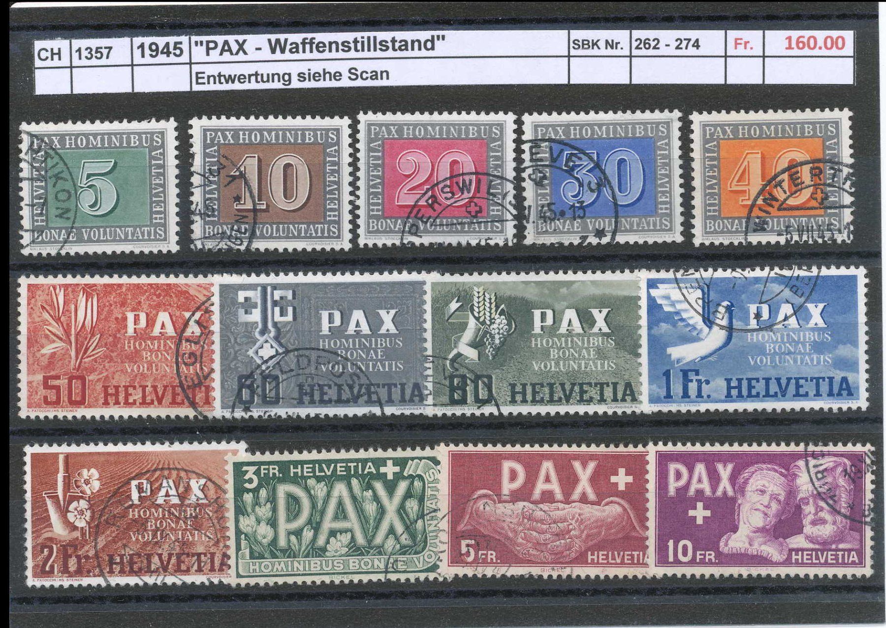 Tutti i francobolli: 1945 "PAX - Waffenstillstand", gestempelt – Usato da Winterthur venduto da Zupogeru