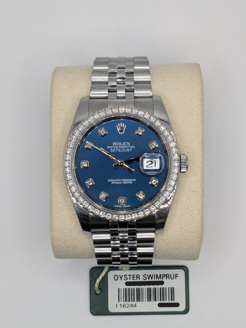 Rolex Orologi: Rolex Datejust 36 116244 Diamond Bezel Blue Dial Full Set – Usato da Caux venduto da MateoAerny 5
