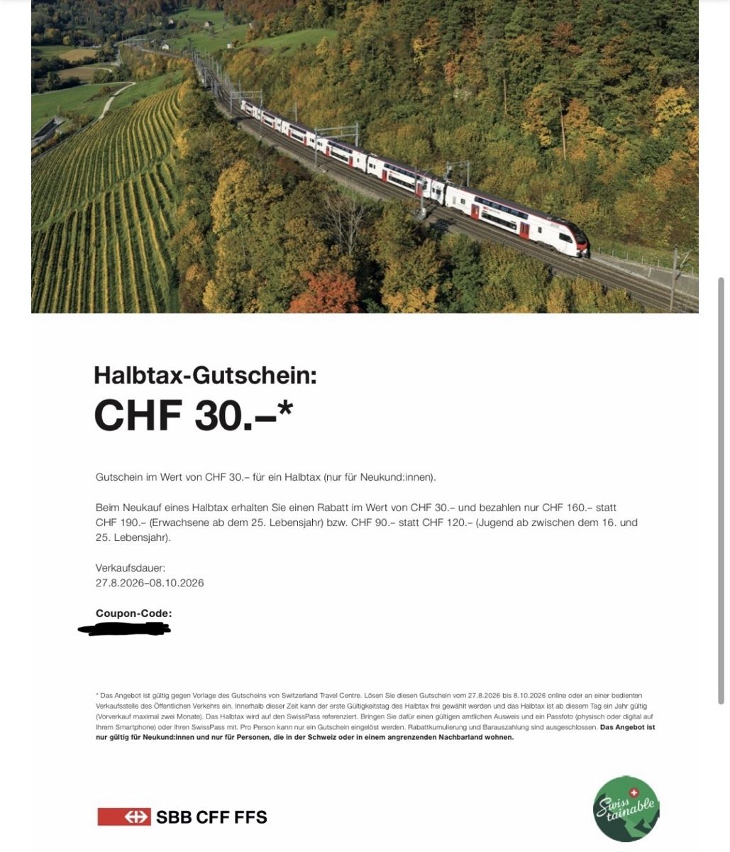 SBB/CFF/FFS Buoni: SBB Halbtax Gutschein CHF 30.– | Sofort per Code – Nuovo e nell'imballaggio originale da Tramelan venduto da Fr1ska