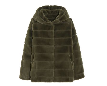 Manteau Apparis fausse fourrure vert olive à capuche