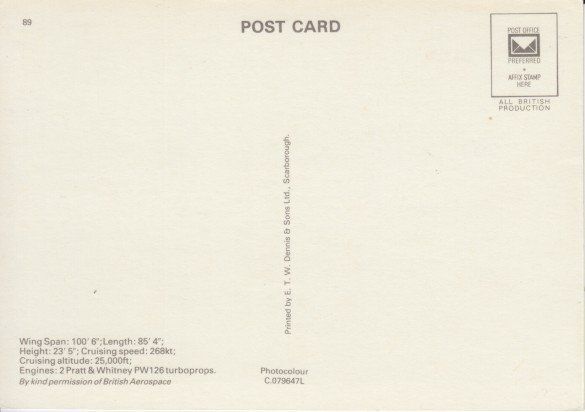 Cartoline postali: British Aerospace ATP – Usato da Zuerich venduto da OceanLinerPostcards 1
