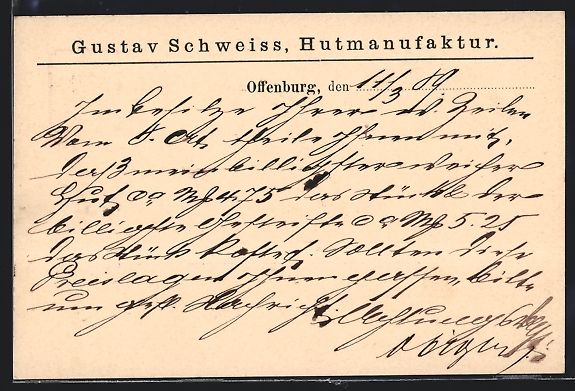 Cancelleria postale: Vorläufer-AK Offenburg, 1889, Hutmanufa – Usato da Berlin venduto da bartko-reher