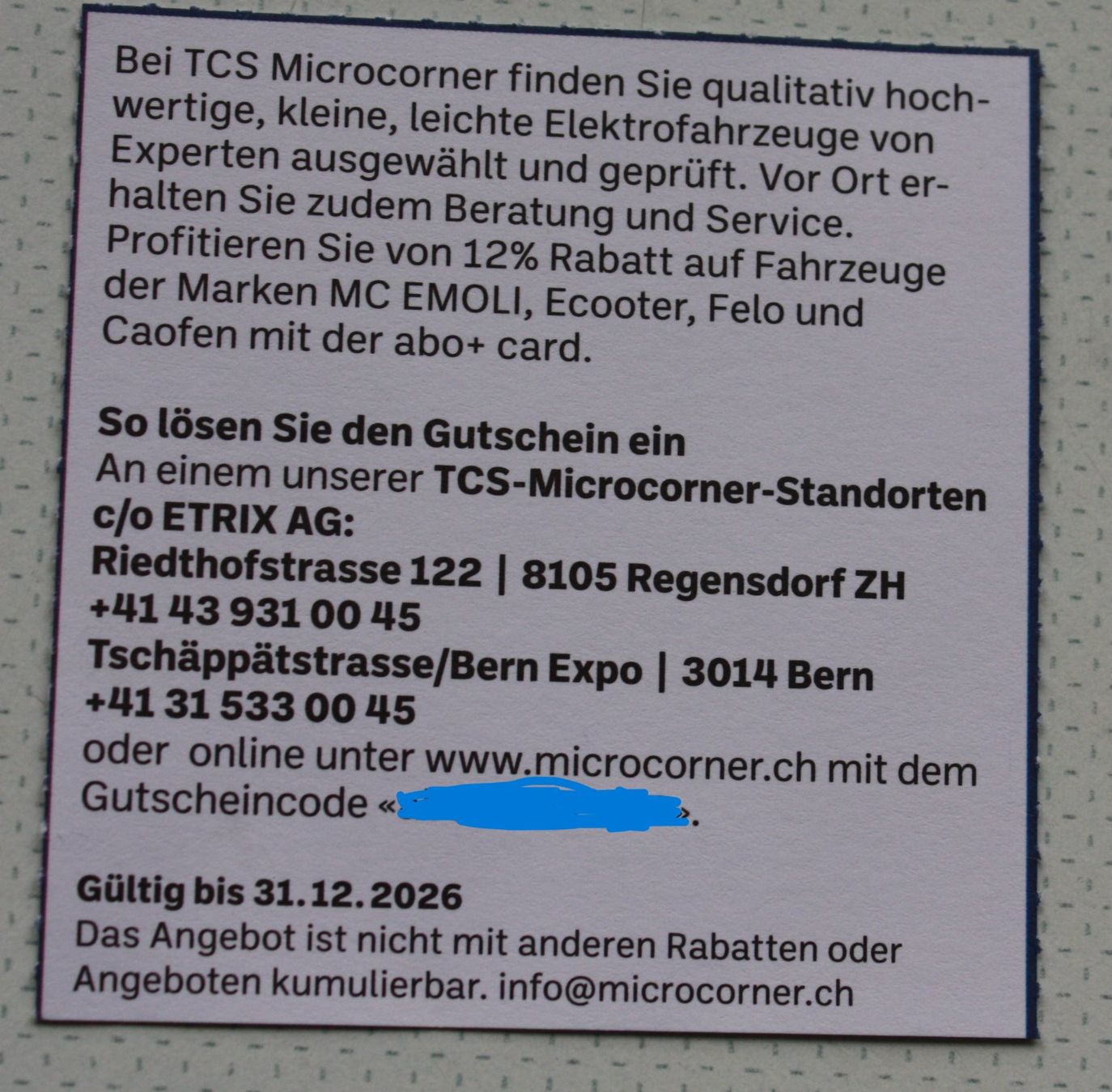 TCS Bons: TCS Microcorner Gutschein - 12% Rabatt bis 31.12.2026 – Neuf avec emballage d'origine à Wettingen par Licht08 1