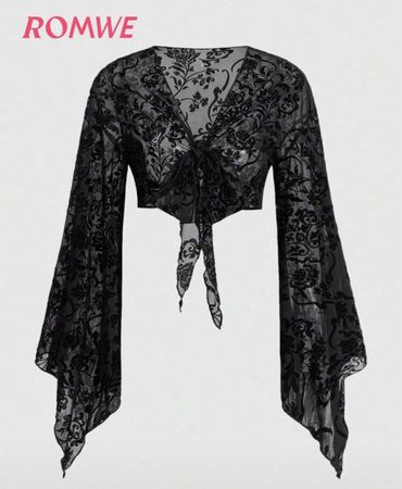 ROMWE Crop Top schwarz Blumenmuster mit Band vorne