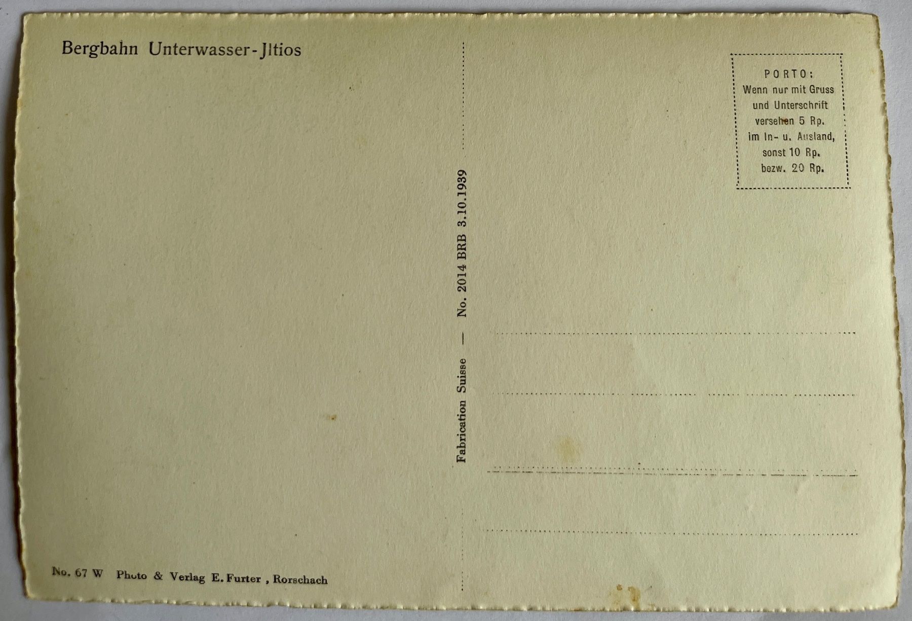 Ansichtskarten: UNTERWASSER - JITIOS - Finiculaire - 1939 – Gebraucht aus Lutry von Ediego 2
