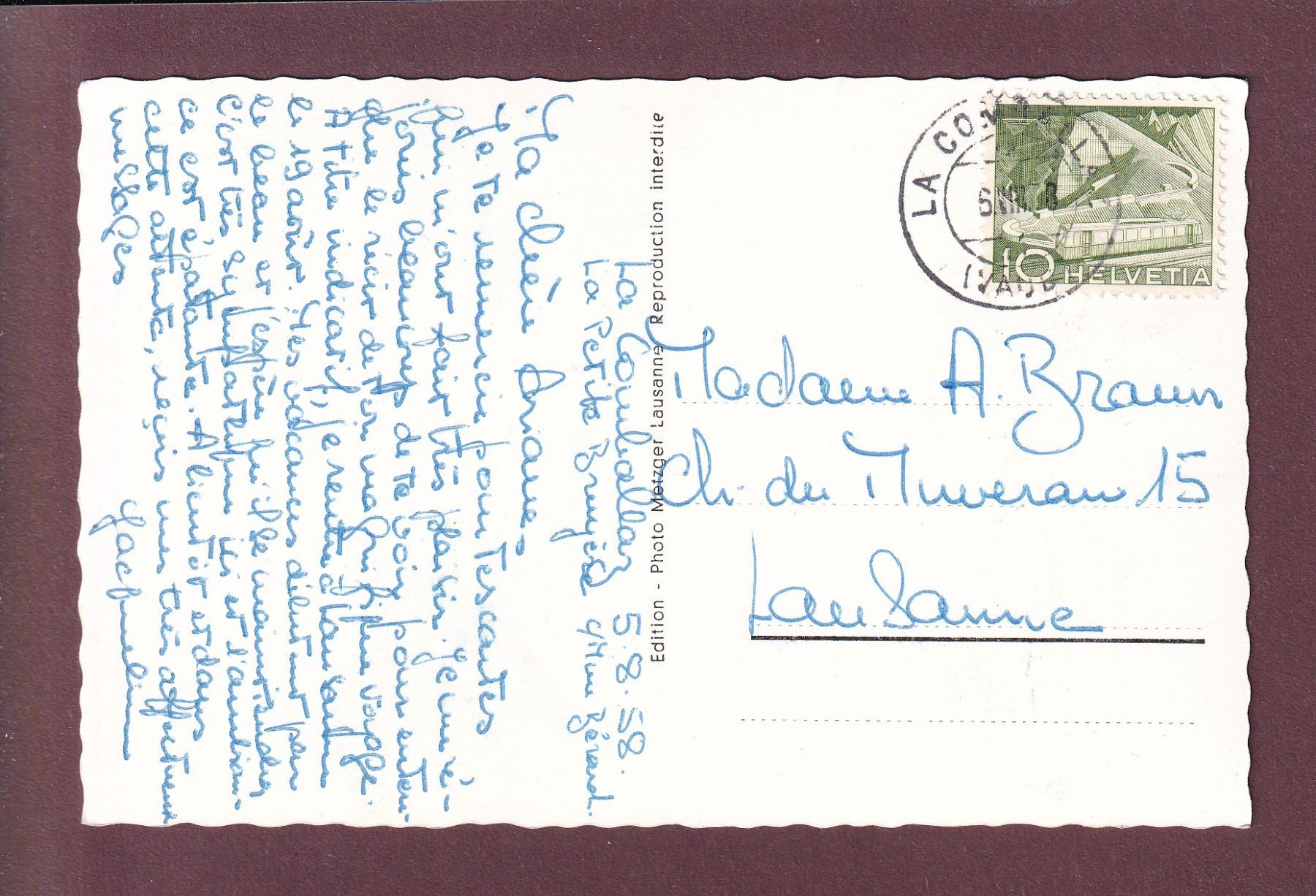 Cartoline postali: LA COMBALLAZ - Route des Mosses - 1958 – Usato da Pully venduto da nicecards 1