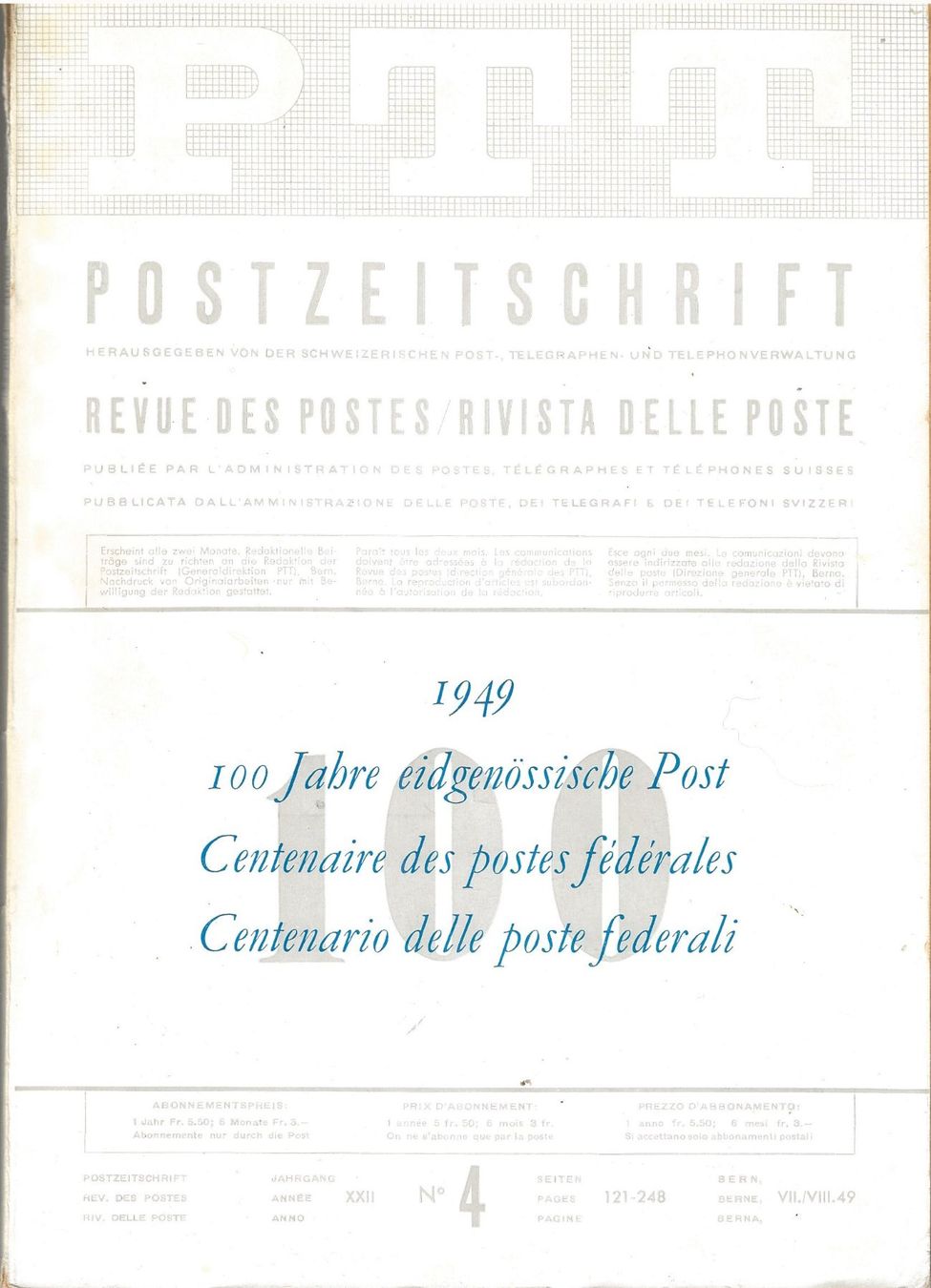 Libri: 100 Jahre eidgenössische Post 1949 - PTT Postzeitschrift – Usato da Bern venduto da Grindelwaldaus