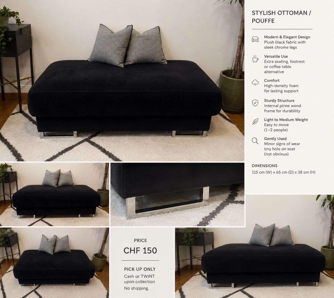 Pfister Sedie a sdraio: Modern Black Ottoman / Pouffe with Chrome Legs – 115 x 65 cm – Usato da Zürich venduto da Curated.Chapters