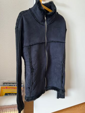 Black Faux Shearling & Knit Zip-Up Jacket - M