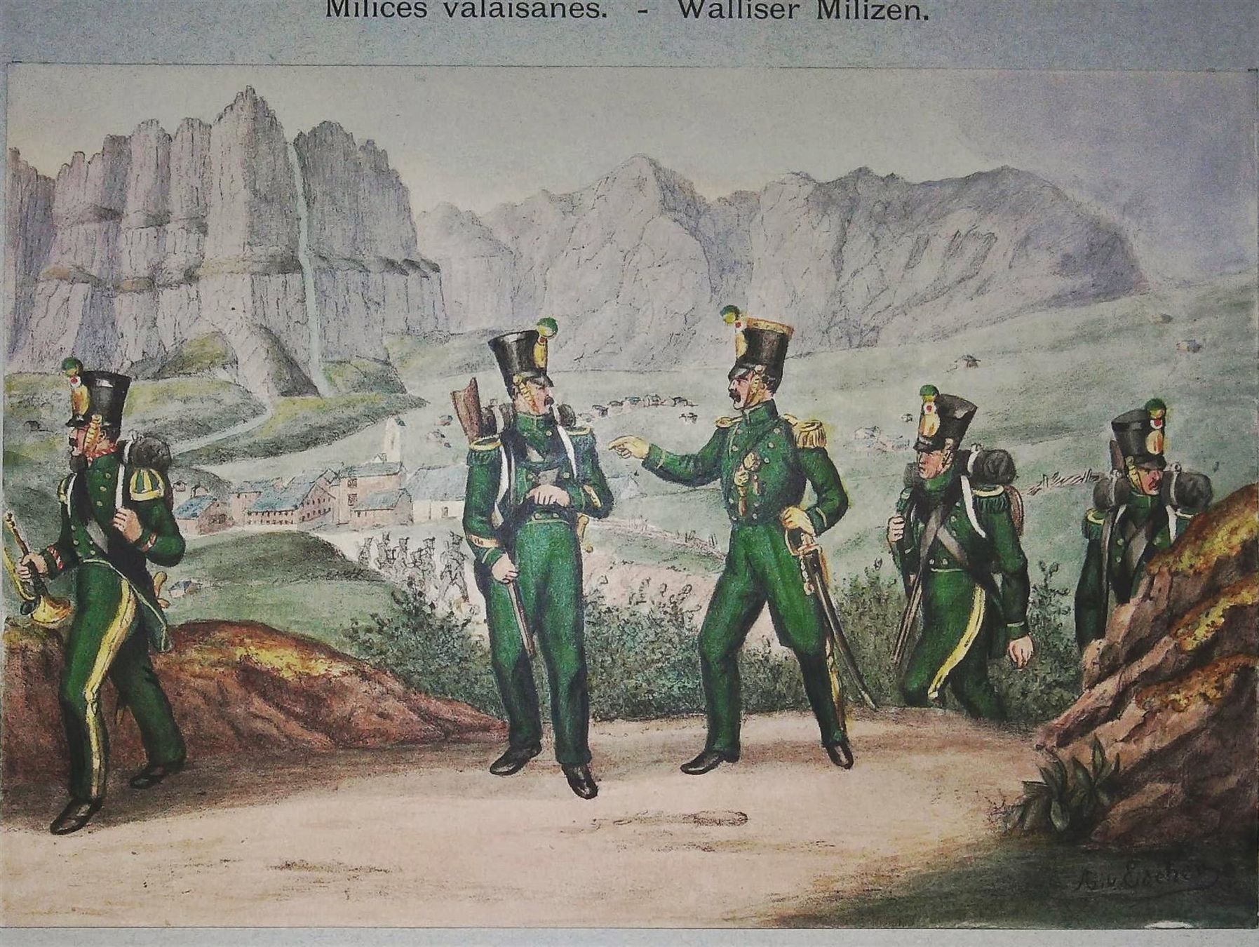 Gravures: Wallis Leukerbad Militär Lithographie – D'occasion à Rafz par Helvet32