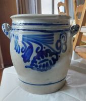 Rustikaler Topf / Übertopf mit blauen Malereien, Vintage!