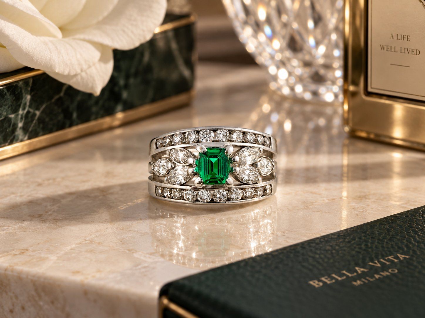Anelli: FRISCHKNECHT, St. Gallen, Smaragd - Diamant - Ring – Usato da Zuzwil SG venduto da artimmo