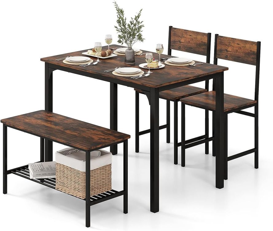 Esstisch Set 4-teilig, Esszimmertisch mit 2 Stühlen Bank 1