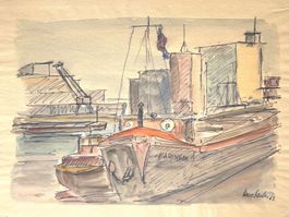 Hans Bähler - grosses Aquarell, Rheinhafen, Basel, 1963